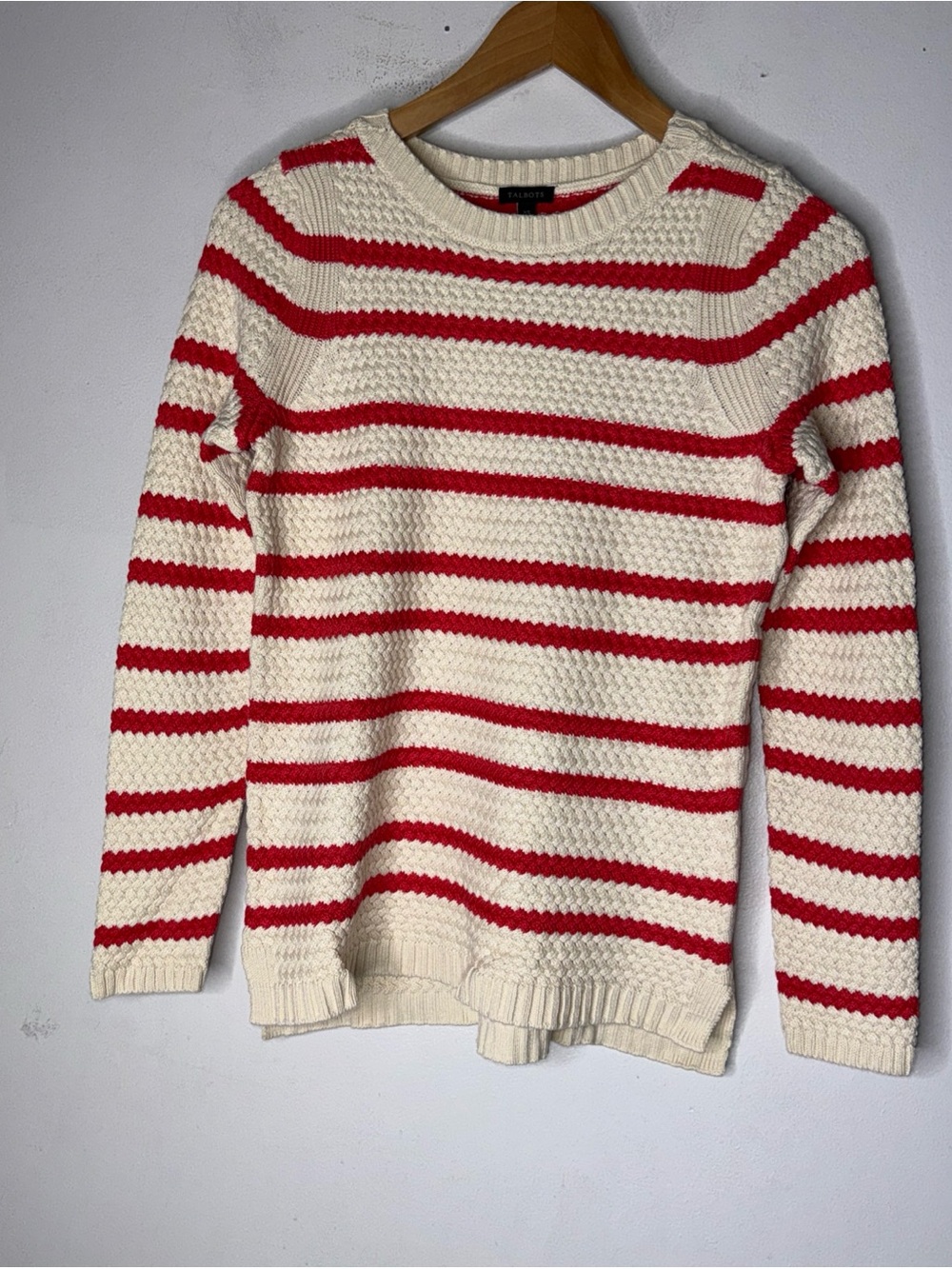 Talbots Red & White Striped Cotton‎ Cable Knit Sweater Preppy XS